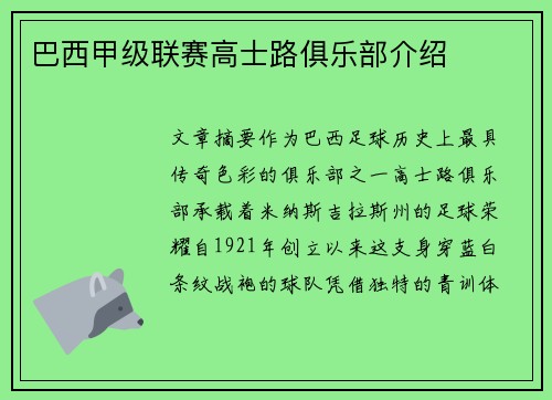 巴西甲级联赛高士路俱乐部介绍