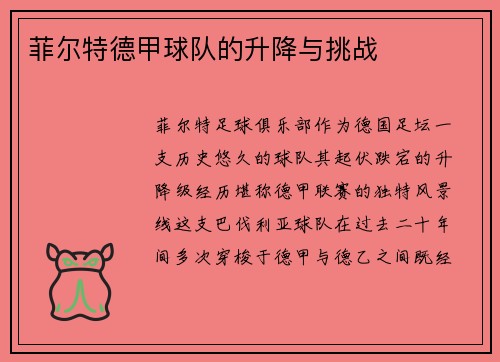 菲尔特德甲球队的升降与挑战